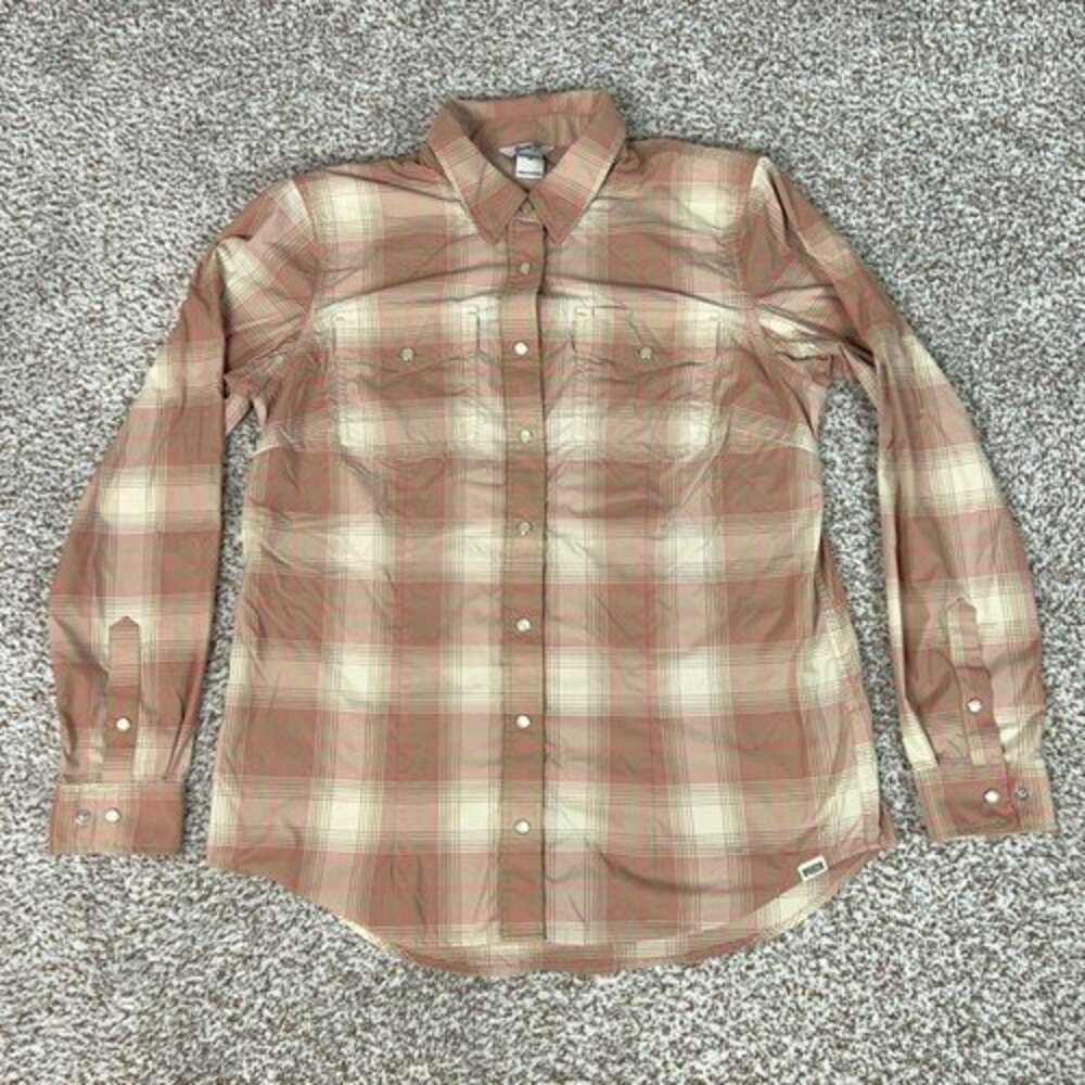 Duluth Trading Shirt Womens Medium Pink Plaid Pearl Snap Western Vented Hiking